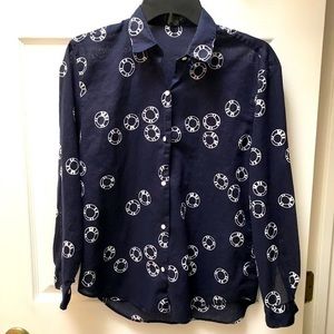 J Crew Navy with White Print Collared, Long Sleeved Top-Medium